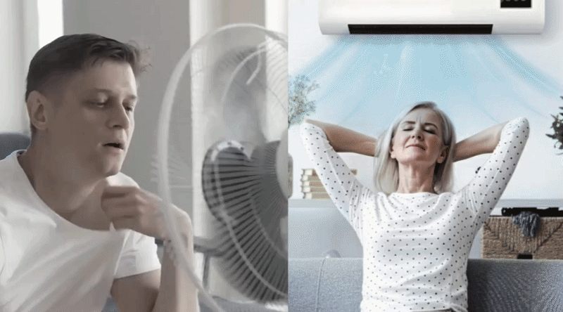 Ventilateur métallique poussiéreux et bruyant soufflant de l'air chaud dans une pièce étouffante.